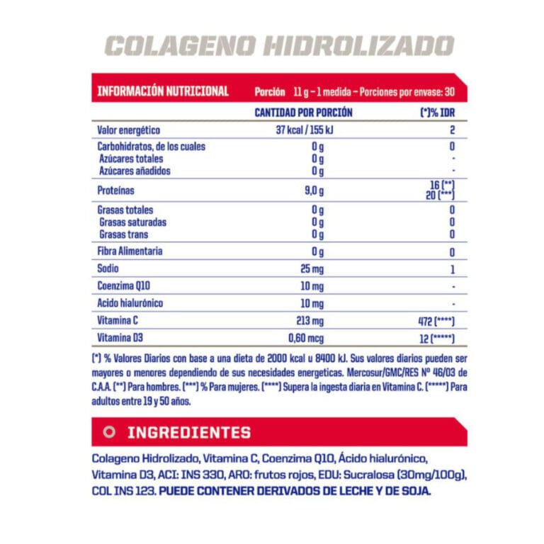 Tabla nutricional del Colageno Sport de Mervick Lab