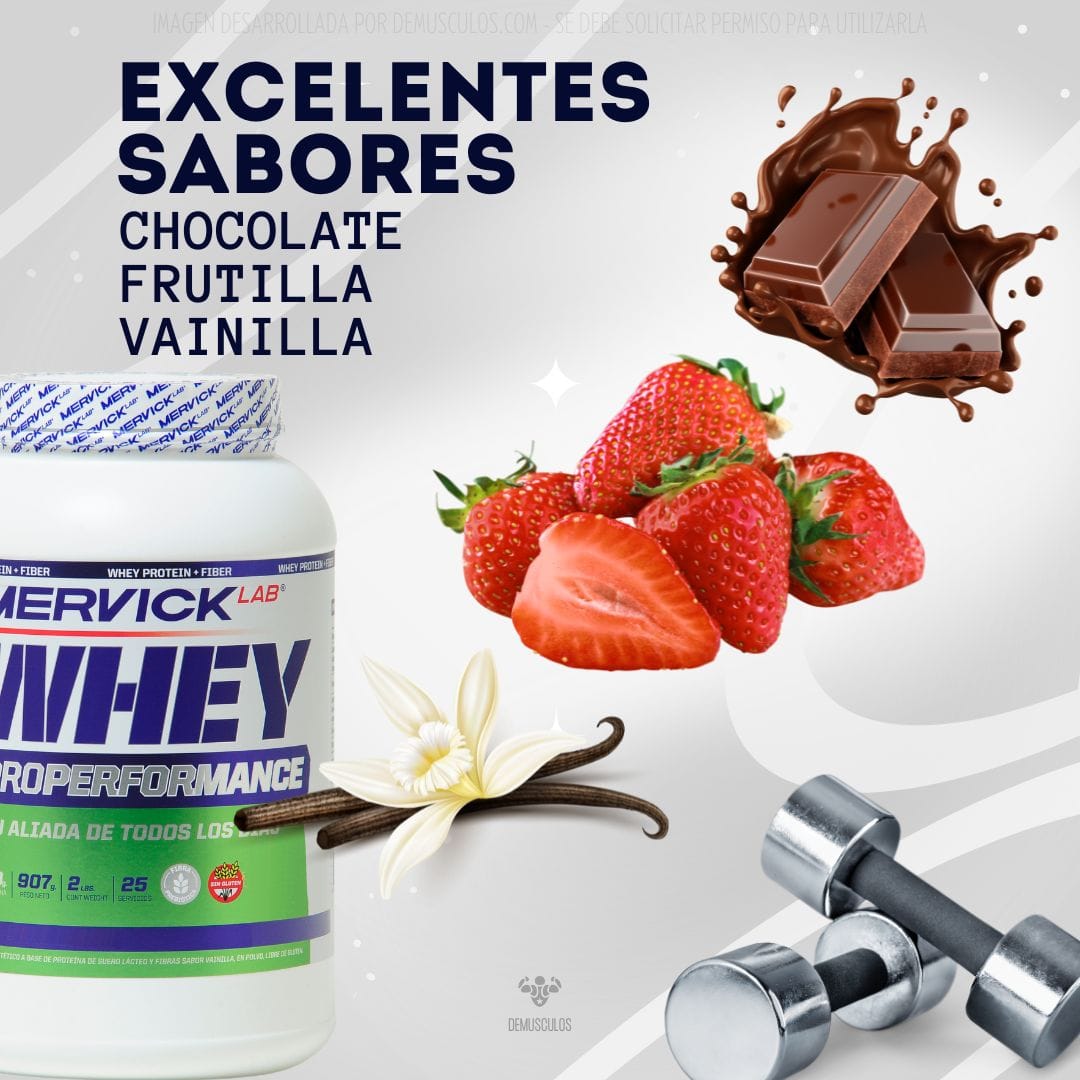 Prteína Pro Performance de Mervick: Frutilla, Chocolate y Vainilla. Whey Pro Performance 2 lbs de Mervick + Fibras