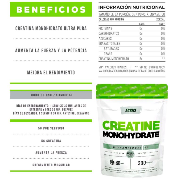 Información nutricional de la Creatina 300 g Doypack de Star Nutrition