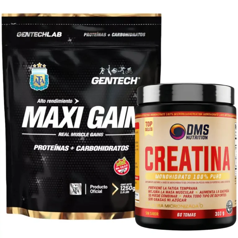 Combo Maxi Gain 1,25 kg de Gentech y Creatina DMS Nutrition 300 g, envases