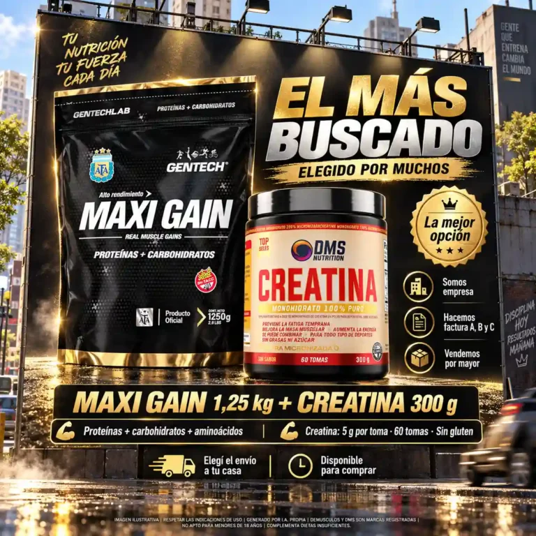Maxi Gain 1,25 kg de Gentech y Creatina DMS 300 g, el combo más buscado
