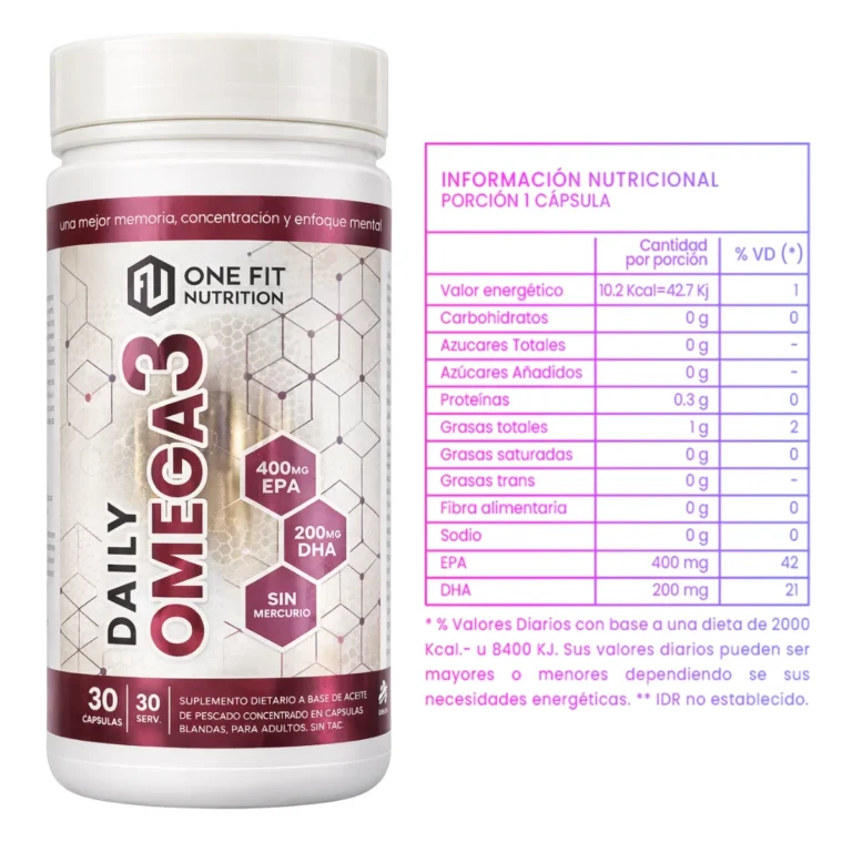 Información nutricional de One Fit Omega 3: 400 mg de EPA y 200 mg de DHA por cápsula