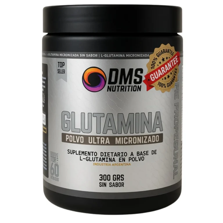 Glutamina Pura Micronizada de DMS Nutrition 300 gramos, envase del producto