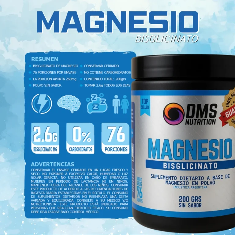 Magnesio Bisglicinato de DMS en polvo, se disuelve en agua o te