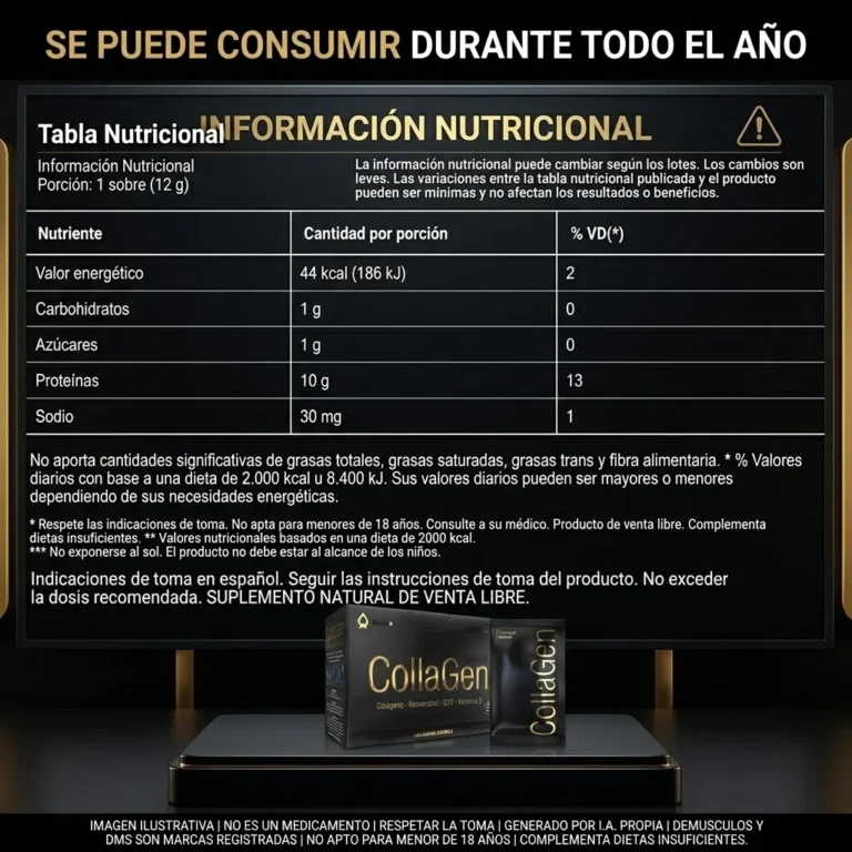 Informacion nutricional del Colageno Bebible de Gentech por sobre